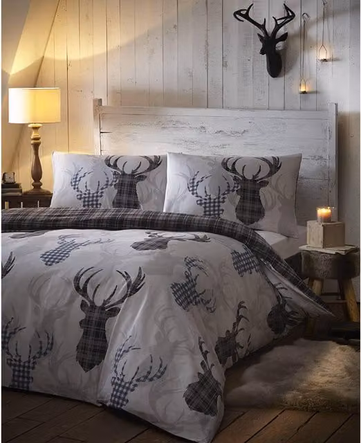 Portfolio Home Reversible Tartan Stag Print Duvet Cover Set, Grey, 200 x 200 cm