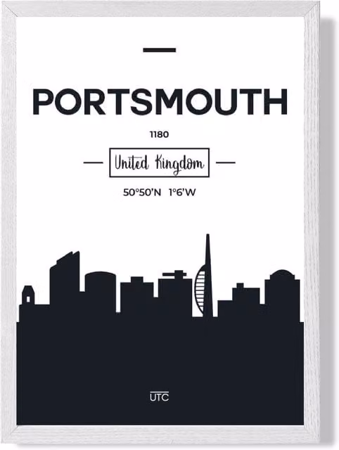 ARTZE Portsmouth Black and White City Skyline Framed Print, White Frame, A4