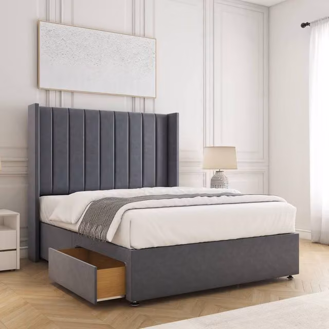 BSSPOKE Hannah Double Divan Bed with 2 Drawers, Footend and 54 inch Headboard in Charcoal Grey Velvet Fabric, W/D/H: 140 x 200 cm