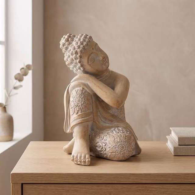 Garden Greatness Carved Stone Buddha Figurine Ornament in Beige for Tabletop and Oriental Floral Decor
