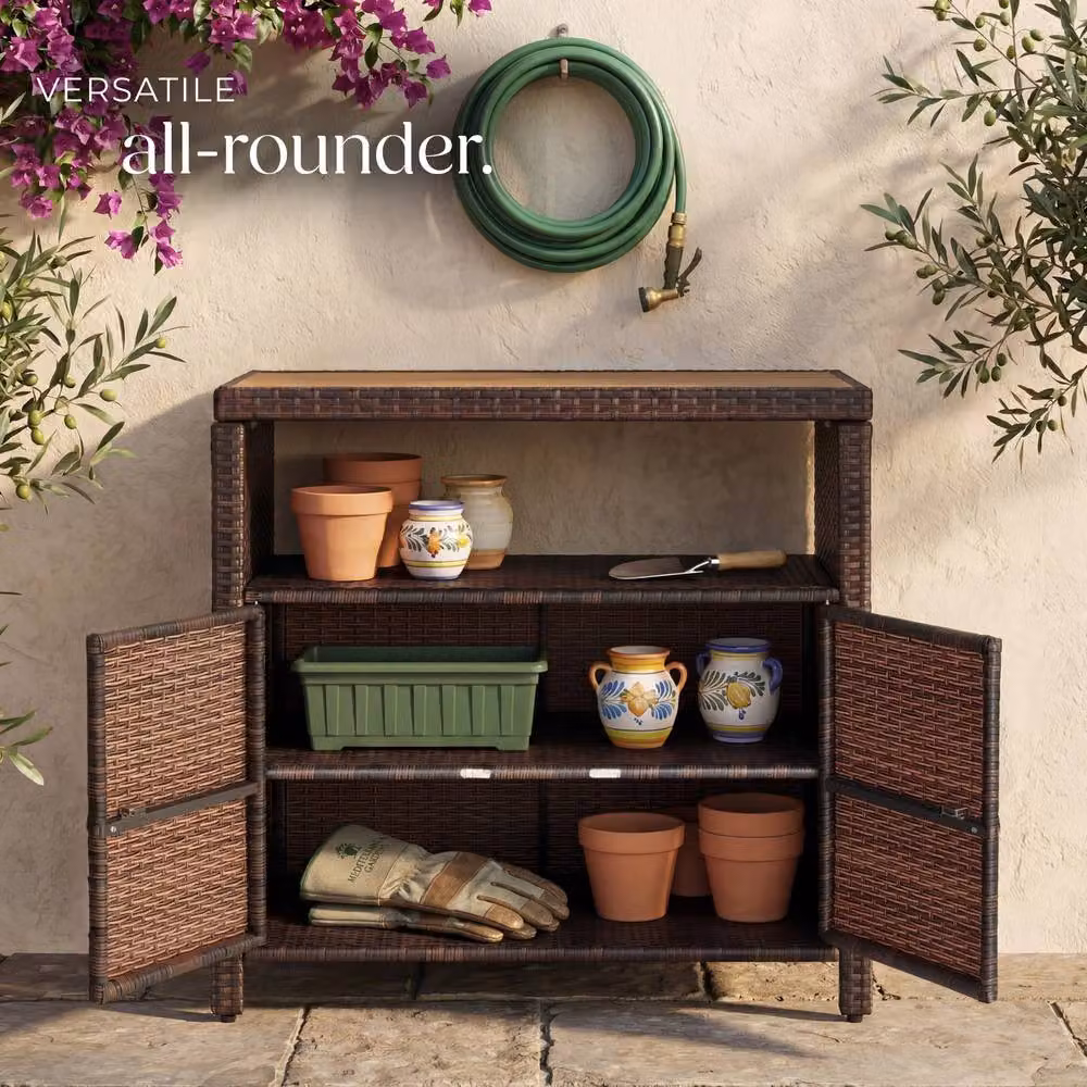 tectake Monscia Freestanding Garden Cabinet in Brown with Hinged Doors and Internal Shelves – 8