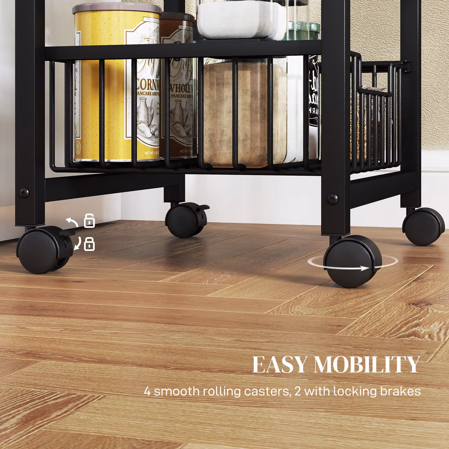 HOMCOM Four Basket Mobile Kitchen Island with Brakes in Grey and Black – 4