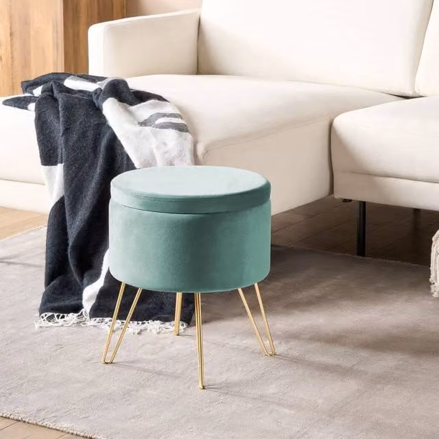 Wyld and Coco Velvet Storage Pouffe in Green with Gold Legs, W/D/H: 42 x 42 x 44 cm – 1