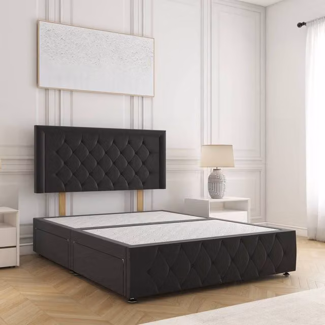 BSSPOKE Lena King Size Divan Bed with 24 inch Plush Headboard and 2 Drawers in Black Velvet Fabric, W/D/H: 180 x 200 cm