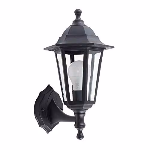 MiniSun Traditional Black Security Wall Lantern with 6W LED Bulb, Mains Wired Outdoor Light – 1