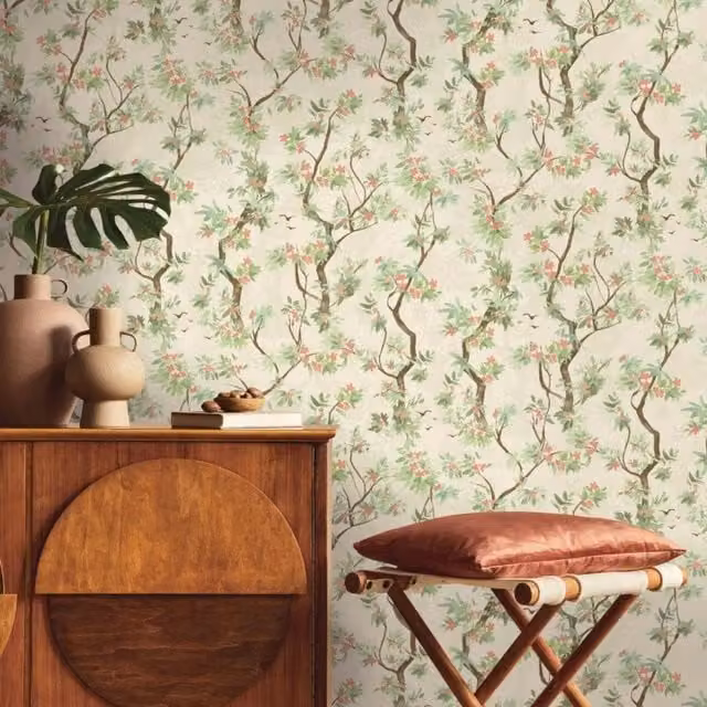 Holden Modern Floral Vinyl Wallpaper in Pink, Brown and Green