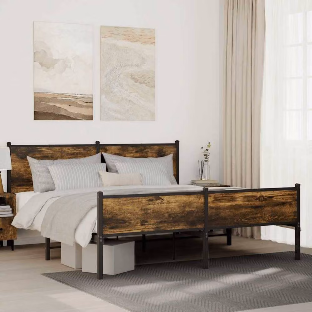 Berkfield Home Metal Bed Frame in Smoked Oak Brown, W/D/H: 160 x 200 cm – 2