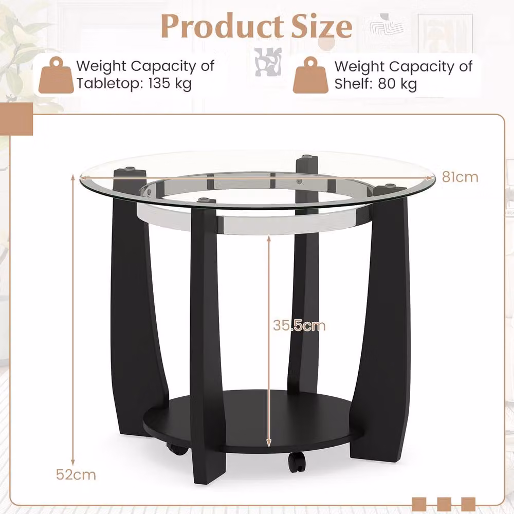 Costway 2-Tier Round Glass Coffee Table with Storage Shelf and Castors in Black – 2