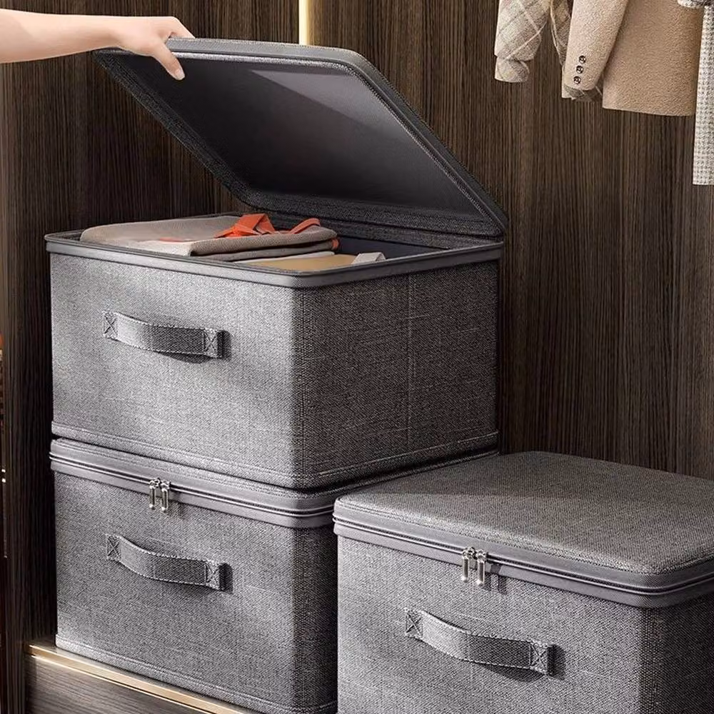 KORVIXA 6-Piece Set of Large Foldable Canvas Storage Boxes in Grey, Width: 90 cm – 4