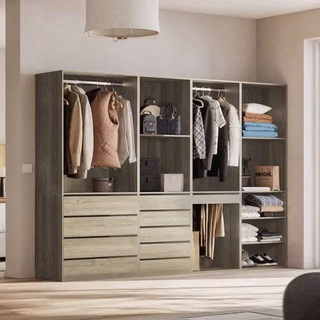 sweeek Modular Wardrobe Kit with 4 Units in Brown, featuring Integrated Drawers and Hanging Rod, W/D/H: 260 x 45 x 45 cm