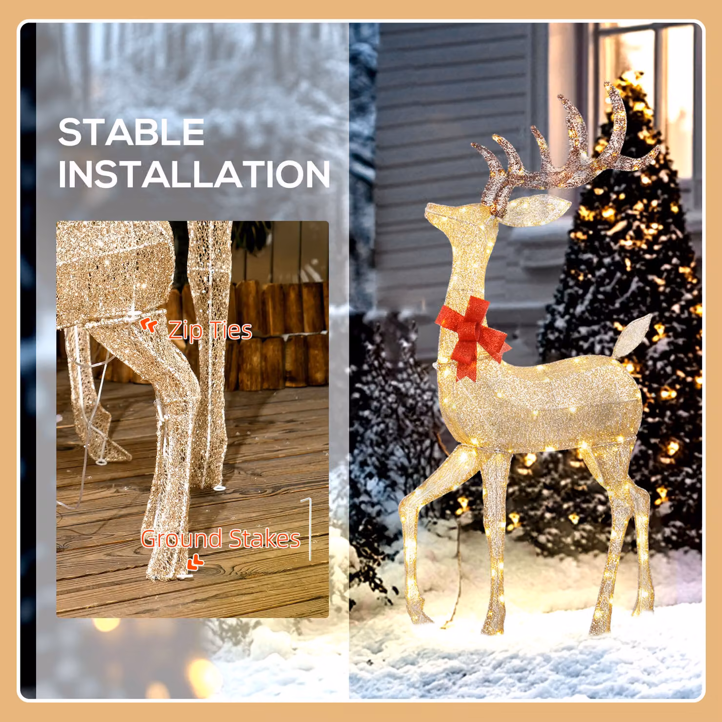 Outsunny 3-Piece Lighted Reindeer Christmas Decoration Set with 283 Warm White LED Lights in Gold Tone – 6