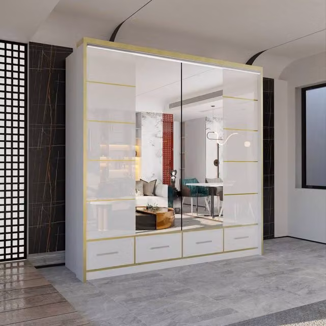Sliding Wardrobes 4U Modern Gloss Wardrobe with LED Light and Mirror Doors, White, W/H: 203 x 220 cm – 1