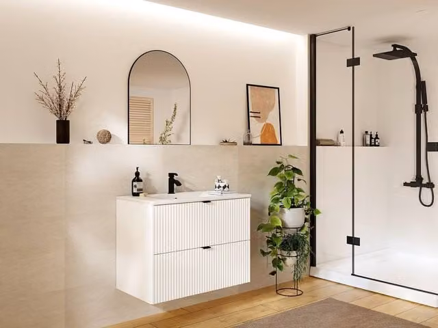 Vente-unique White Wall-Mounted Ribbed Cabinet with Freestanding Basin, W: 80 cm, D: 47 cm, H: 60 cm