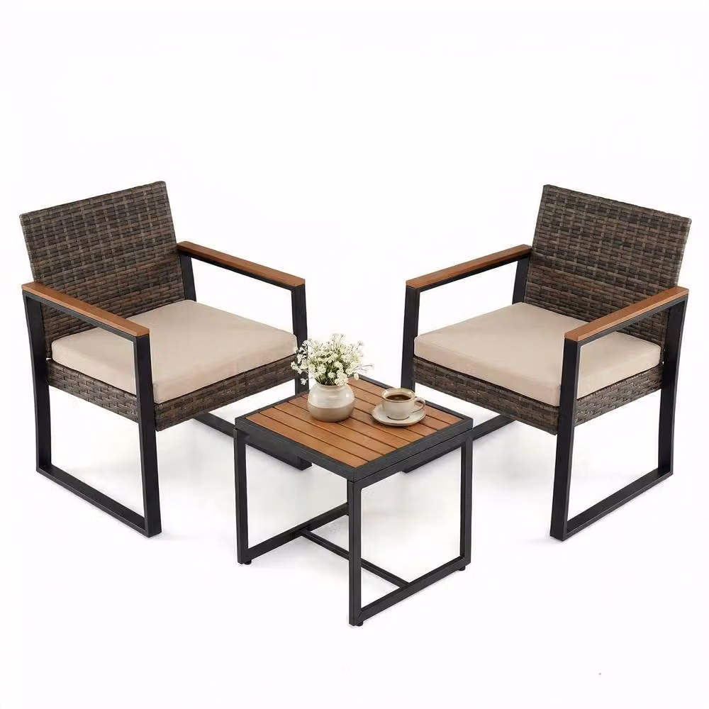 Costway 3-Piece PE Rattan Patio Conversation Set with Cushions and Side Table in Beige – 3