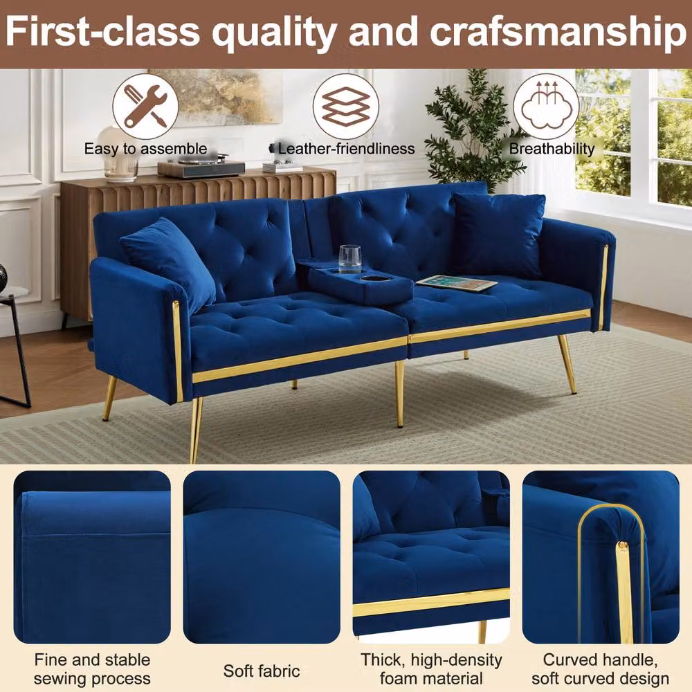 ModernLuxe Blue Velvet 2-Seater Convertible Sofa Bed with Adjustable Headrest and Cup Holders, W/D/H: 140 x 190 x 76 cm – 6
