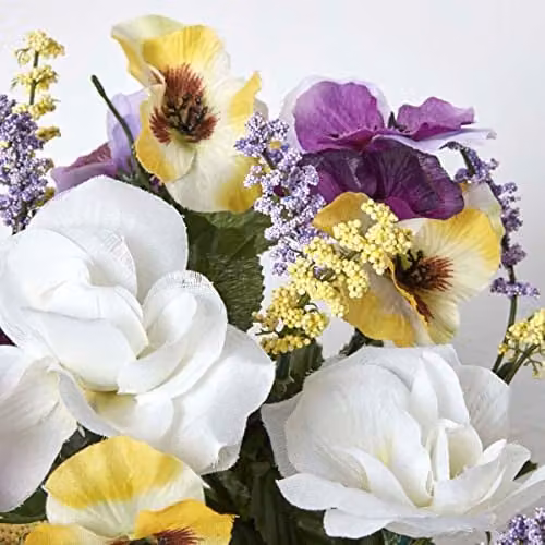 HOMESCAPES Set of 2 Artificial Grave Vases with Yellow and Purple Roses and Pansies in Black Pots, Height: 30 cm – 4