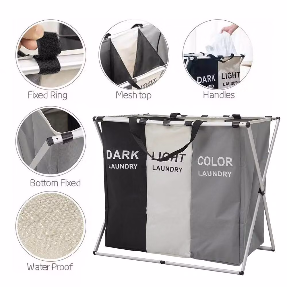Garden Sanctuary Multicolour 3-Section Foldable Laundry Basket with Aluminium Frame and Handles – 3