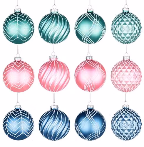 Shatchi 12-Piece Set of Glass Christmas Baubles in Green, Pink and Blue, 8 cm Diameter – 1