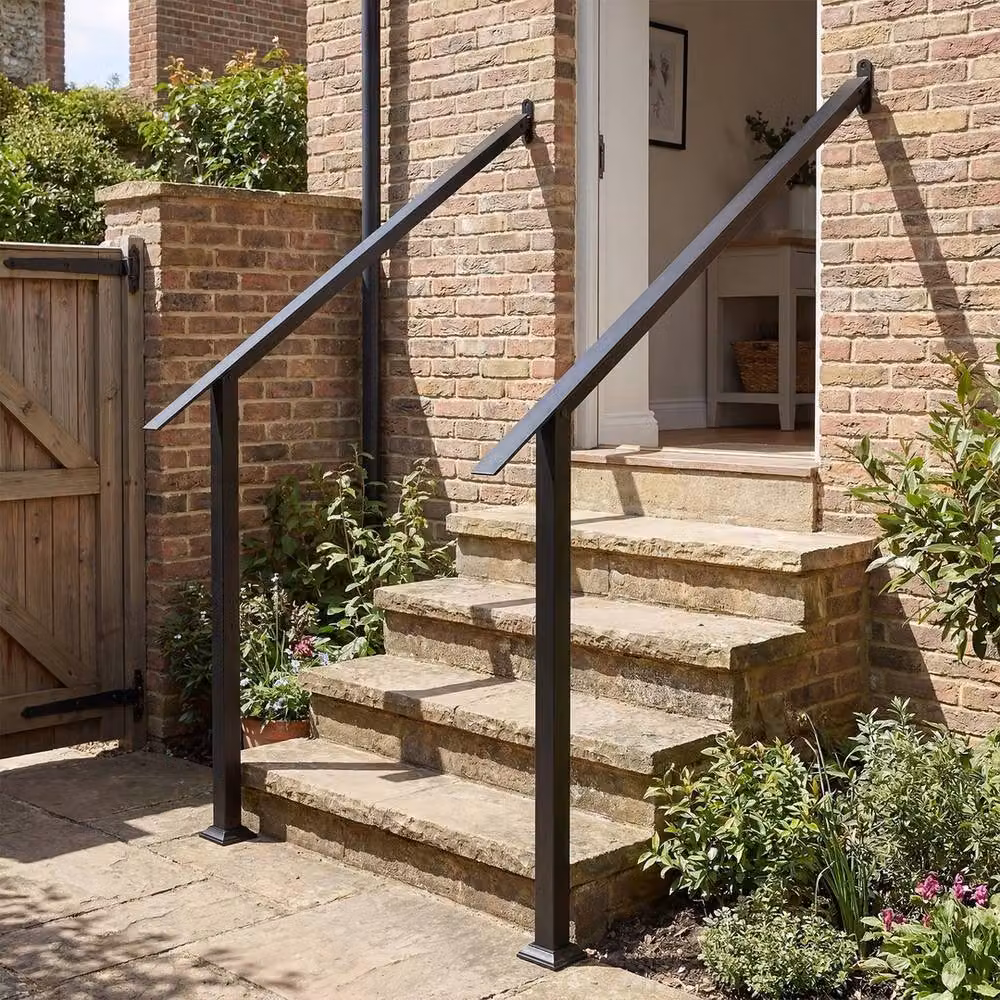 VOGREX Black Galvanised Steel 4-Step Wall Mounted Outdoor Stair Handrail – 6