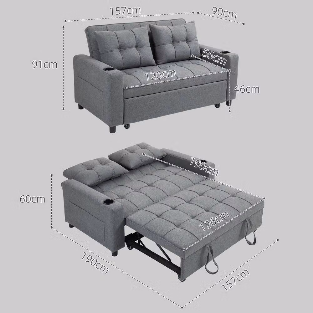 STILVORA 2 Seater Pull-Out Sofa Bed in Grey Fabric with Adjustable Headrest and Cup Holders – 2