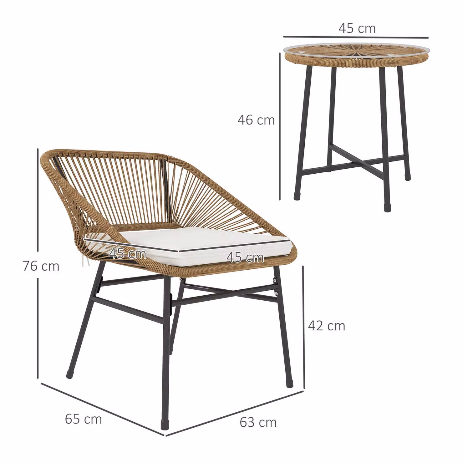 Outsunny 3 Piece Rattan Bistro Set with Round Glass Top Table and Chairs in Brown – 2