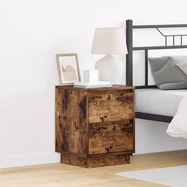 Berkfield Home Bedside Cabinet with Integrated LED Lights and Soft Close Drawers in Smoked Oak, W: 39 cm, D: 34.5 cm, H: 50 cm – 1