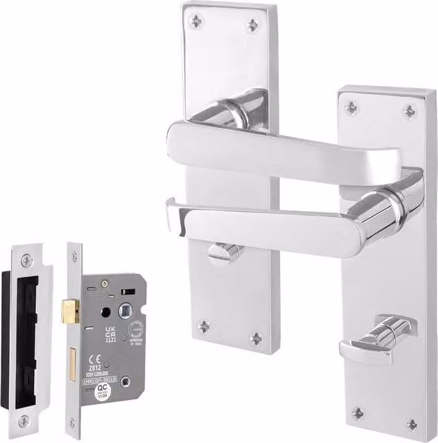 AFIT Polished Chrome Long Backplate Bathroom Door Handle Set in Silver, 1 Pair – 1