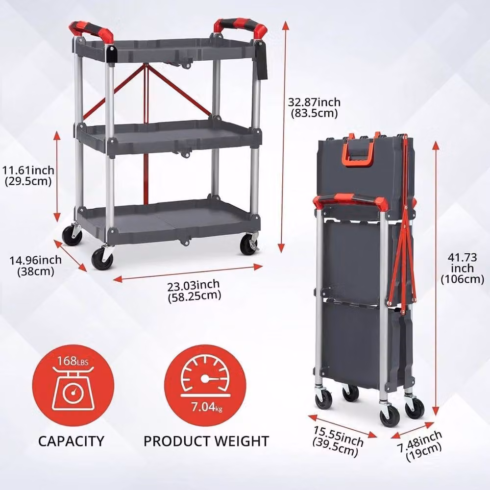 VOGREX 3 Tier Heavy Duty Folding Garage Tool Service Trolley, Black, W/D/H: 83.5 x 58.25 x 38 cm – 2