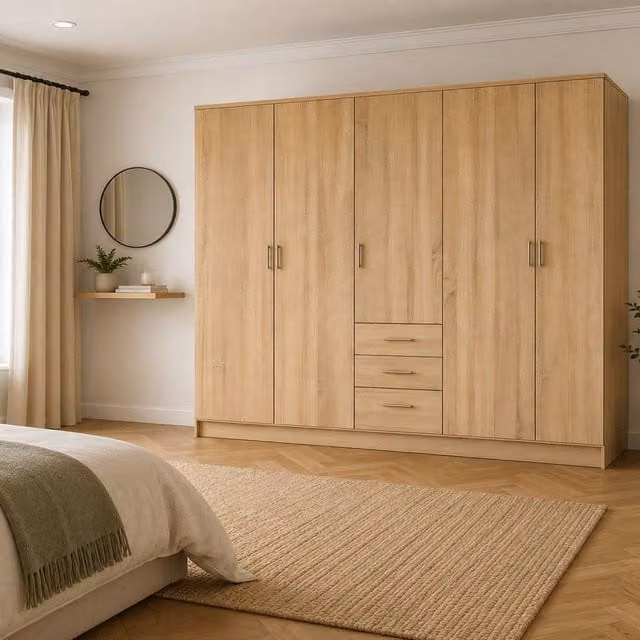 KDMD Chelsea Oak 5 Door Wardrobe with 3 Drawers in Brown, H 200 cm x W 200 cm x D 50 cm – 1