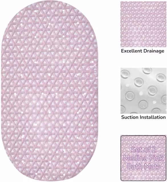 Showerdrape Medina Anti Slip PVC Bath Mat Set of 2, Pink, W: 69 cm, D: 36 cm