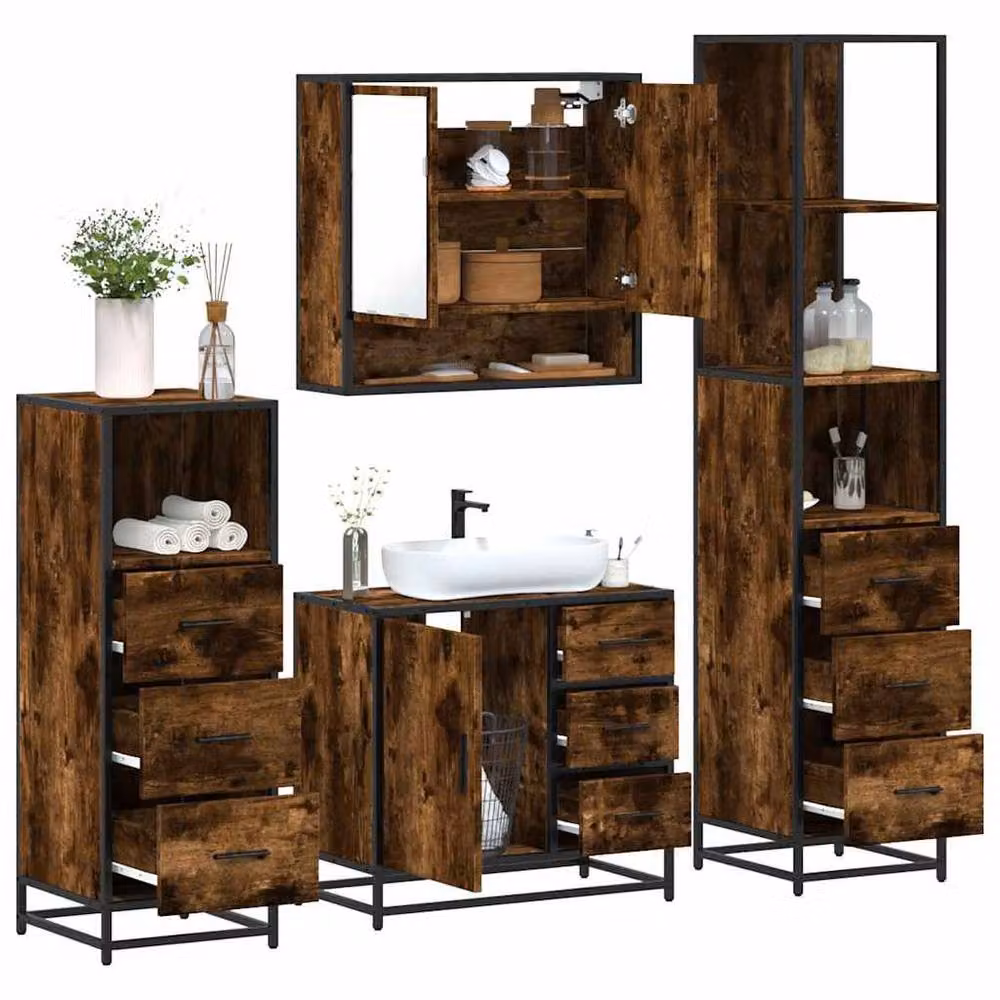 Berkfield Home 4-Piece Industrial Bathroom Furniture Set in Smoked Oak Brown – 2