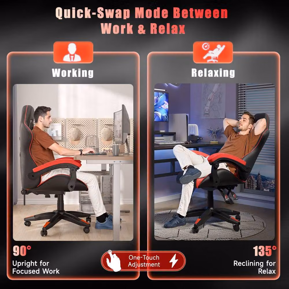 Gartistgo Ergonomic Gaming Chair in Red with Synthetic Leather and Adjustable Height – 2