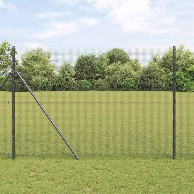 Berkfield Home Powder-Coated Steel Welded Wire Fence with 7 Round Posts, Grey, W: 10 m, H: 1.5 m
