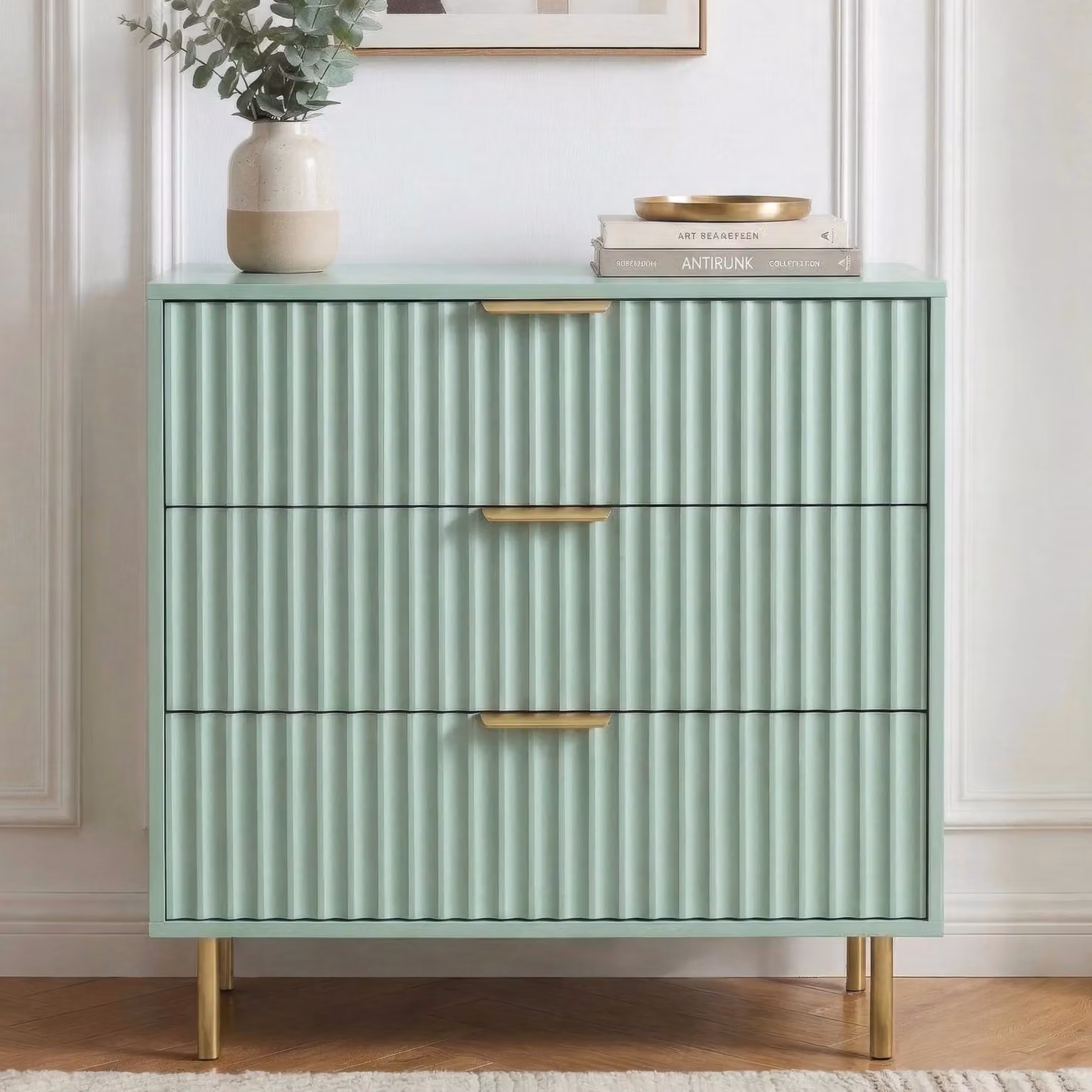 DHS Flutrina 3 Drawer Chest of Drawers in Green with Metal Legs, W: 79 cm, D: 40 cm, H: 70 cm