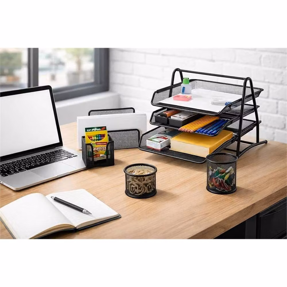 VOGREX Black Metal Mesh 5-Piece Office Desk Organiser Set with 3-Tier Paper Tray and Pencil Cup – 4