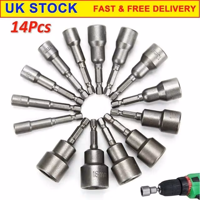 Nordara 14-Piece Magnetic Hex Nut Driver Bit Set, 6-19mm, 1/4 inch, Silver – 1