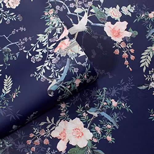 Muriva Lipsy Ophelia Floral Wallpaper with Birds and Cherry Blossoms in Soft Pink and Navy Blue – 5