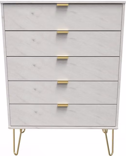 Ready Assembled 2 U Fuji 5 Drawer Chest in Off-White and Gold
