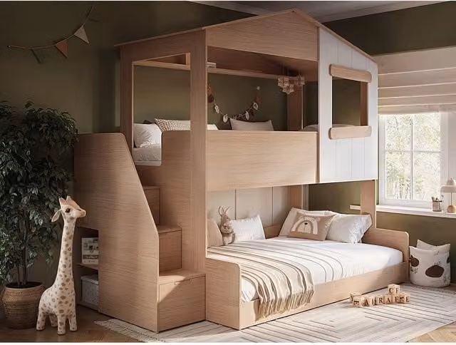 Flair Dreamland House Triple Bunk Bed with Staircase and Drawers in Oak and White, W/D/H: 200 x 120 x 237.1 cm