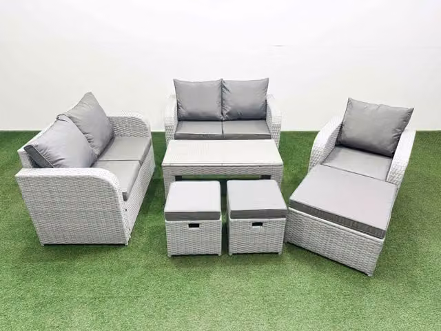 Fimous Poly Rattan Garden Furniture Set in Light Grey with 2 Seater Sofa, Coffee Table and Matching Ottoman