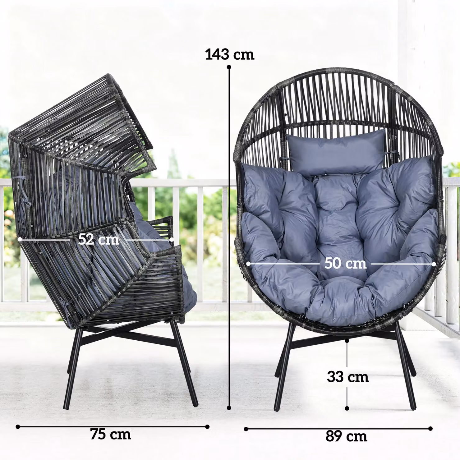 OUTSUNNY Rattan Garden Egg Leisure Chair with Upholstered Cushion and Headrest in Light Grey – 3