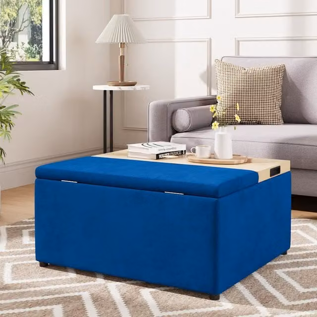 Livingandhome Modern Rectangular Velvet Upholstered Storage Ottoman Footstool in Blue
