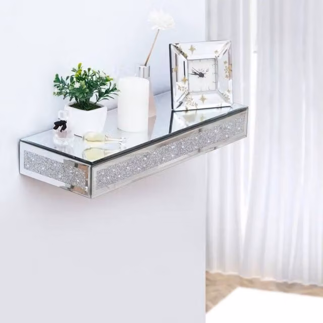 FLAVORA Crushed Diamond Glass Floating Display Shelves in Silver