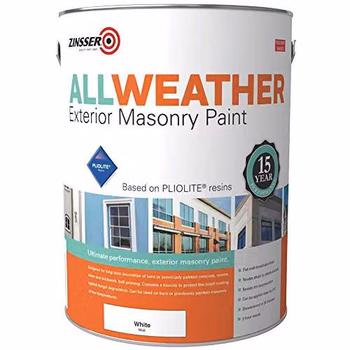 Zinsser Allweather Exterior Masonry Paint, Brilliant White, 5l