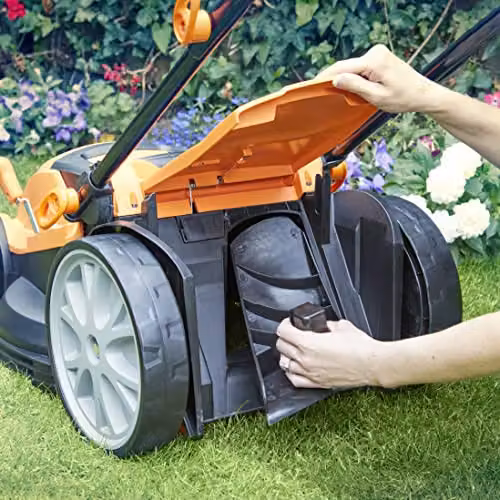 LawnMaster 1800W 40cm Electric Lawnmower with Rear Roller and 350W 2-in-1 Grass Trimmer and Edger Set in Orange – 4