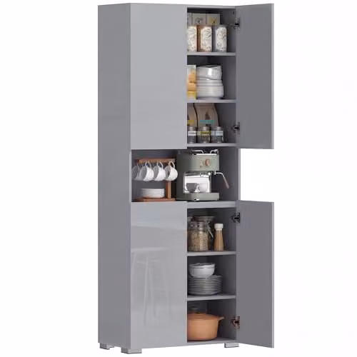 HOMCOM Grey High Gloss Kitchen Pantry Cupboard with Soft Close Doors, H 180 x W 34 x D 42 cm