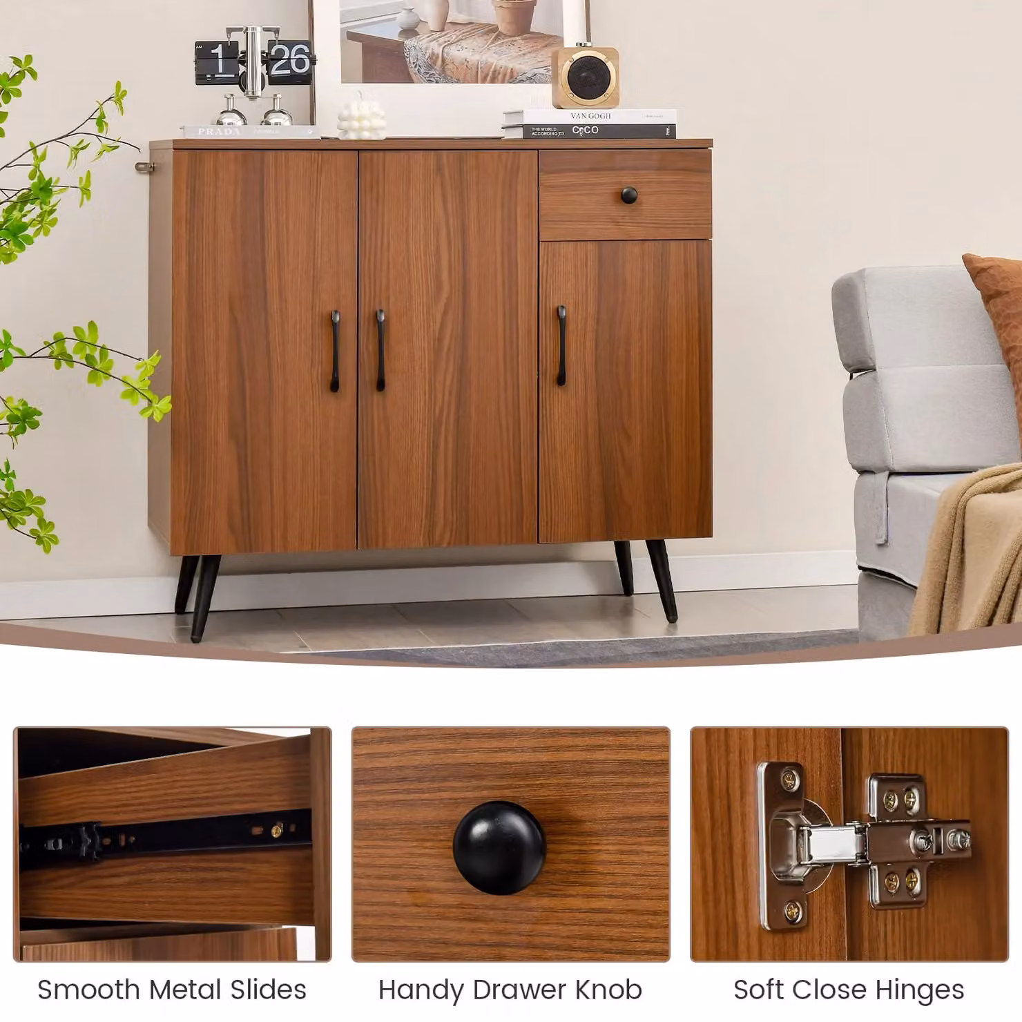 Gymax Mid-Century Brown Buffet Cabinet with 3 Doors, Pull-out Drawer and Adjustable Shelves – 2