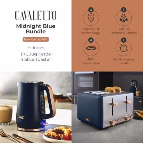 Tower Cavaletto 1.7L Rapid Boil Jug Kettle and 4 Slice Toaster Bundle in Midnight Blue with Rose Gold Accents – 7