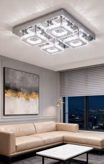Living and Home Square Crystal Cluster LED Ceiling Light in Silver and Transparent