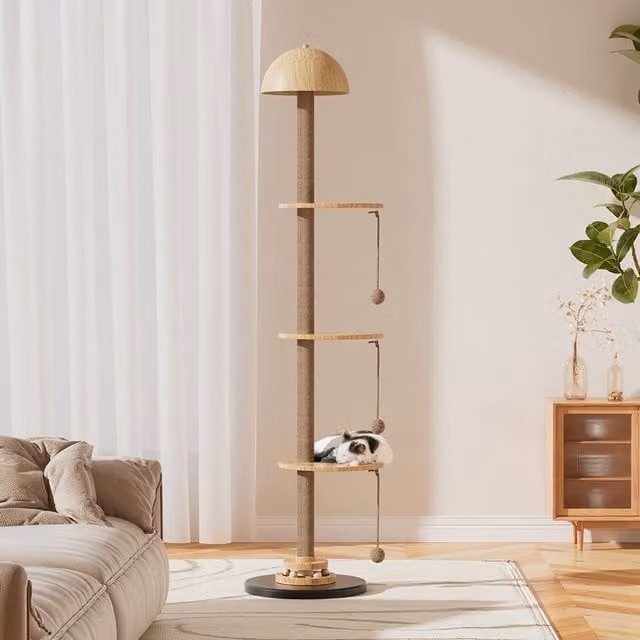 Livingandhome 2-in-1 Cat Climbing Floor Lamp with Sisal Post and Toys, Brown